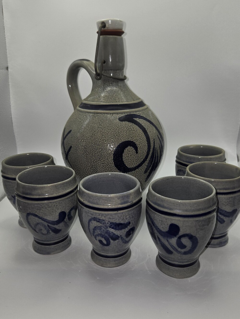 German Gertz Salt-glazed Stoneware Bocksbeutel (or wine jug) & Matching Cups